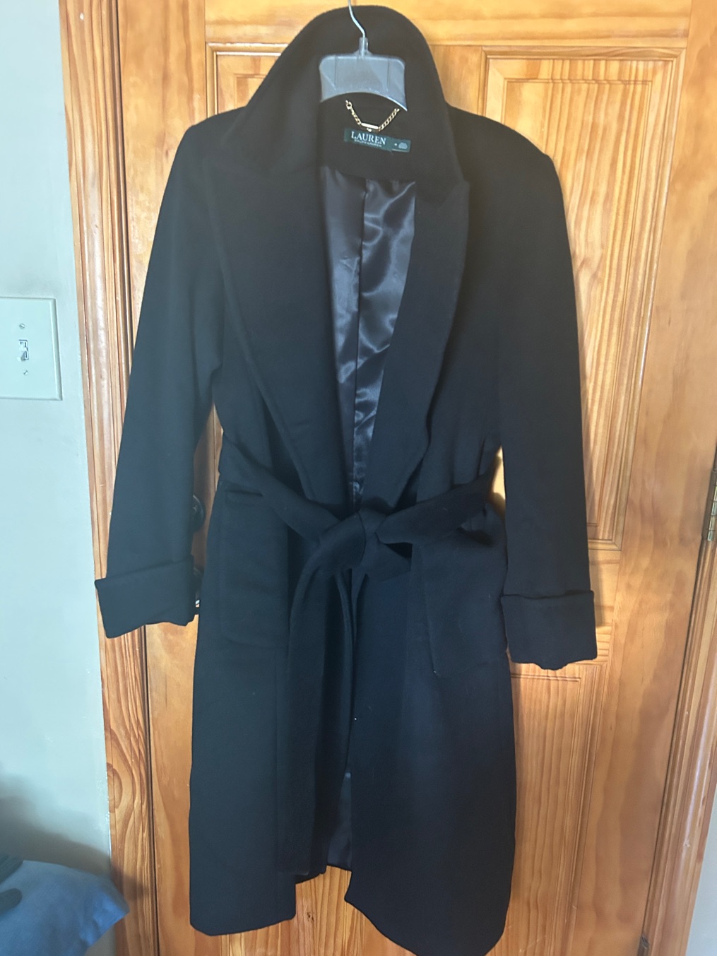 Lauren Ralph Lauren Black Belted Wool Shawl-Collar Coat